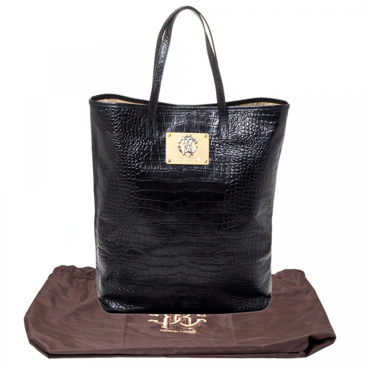 Pre Owned Roberto Cavalli Black Croc Embossed Leather Logo Plaque Tote