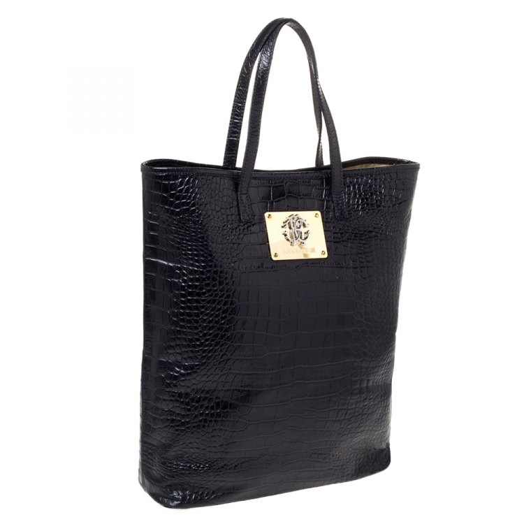 Pre Owned Roberto Cavalli Black Croc Embossed Leather Logo Plaque Tote