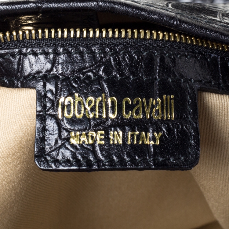 Pre Owned Roberto Cavalli Black Croc Embossed Leather Logo Plaque Tote