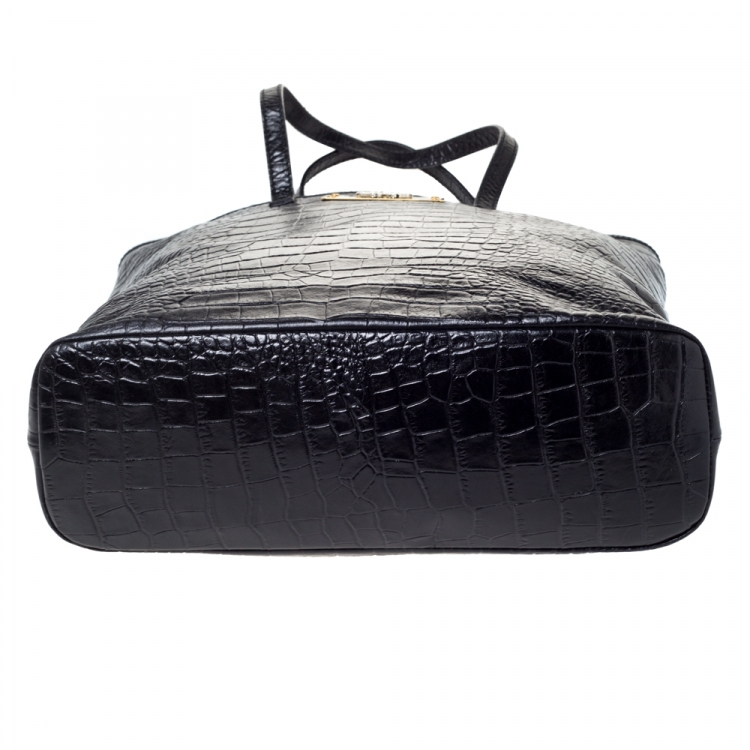 Pre Owned Roberto Cavalli Black Croc Embossed Leather Logo Plaque Tote