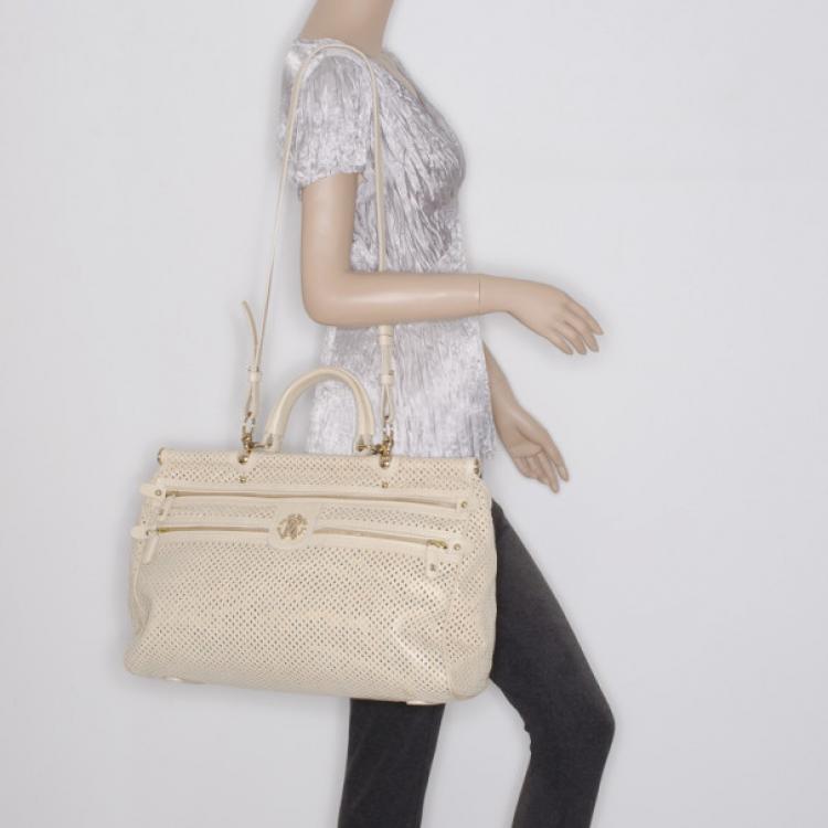 مملوكة مسبقًا Roberto Cavalli Cream Grande Diva Perforated Leather Doctor Bag 