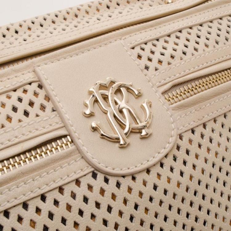 مملوكة مسبقًا Roberto Cavalli Cream Grande Diva Perforated Leather Doctor Bag 