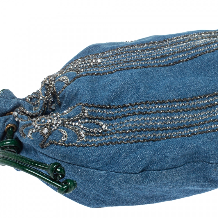 Pre Owned Roberto Cavalli Blue/Green Denim and Patent Leather Embellished Chain Hobo