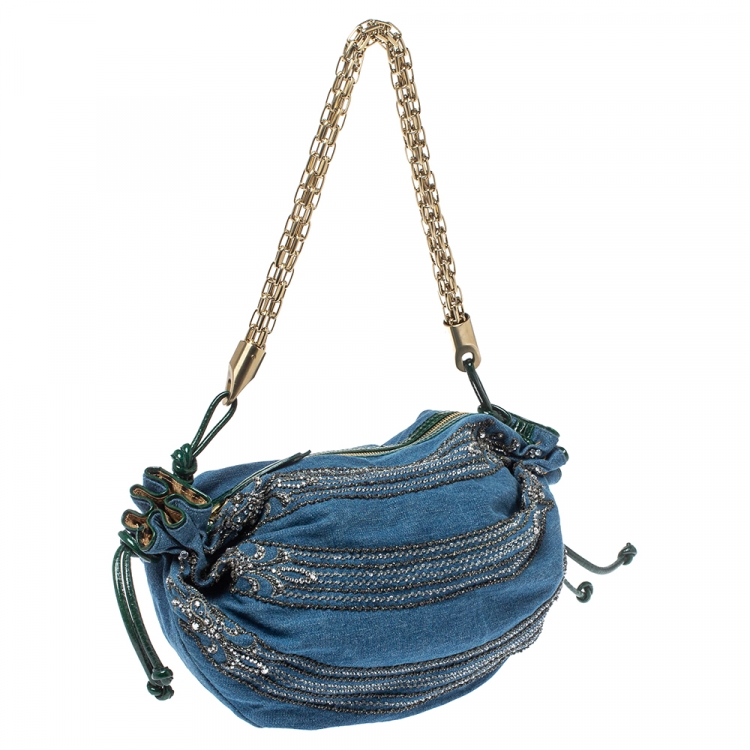 Pre Owned Roberto Cavalli Blue/Green Denim and Patent Leather Embellished Chain Hobo