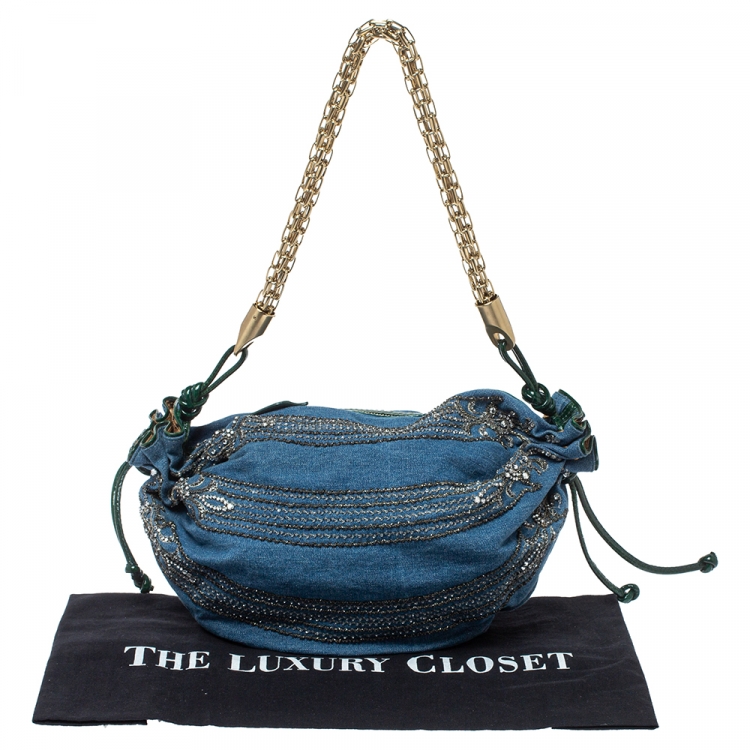 Pre Owned Roberto Cavalli Blue/Green Denim and Patent Leather Embellished Chain Hobo