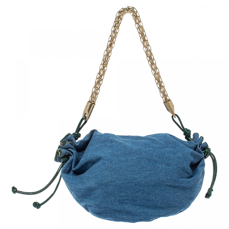 Pre Owned Roberto Cavalli Blue/Green Denim and Patent Leather Embellished Chain Hobo