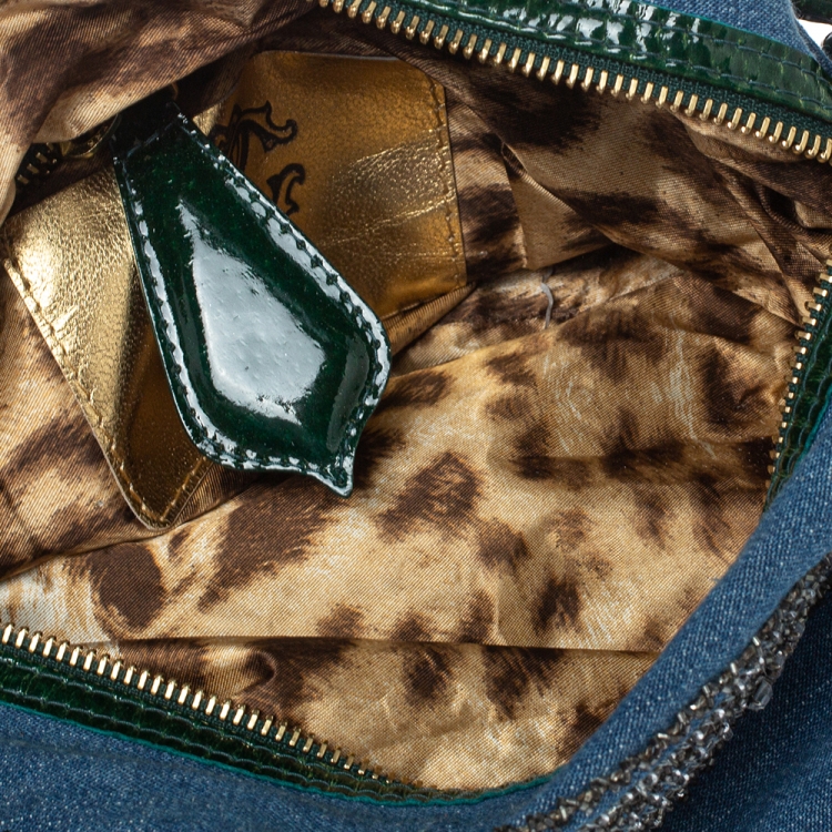 Pre Owned Roberto Cavalli Blue/Green Denim and Patent Leather Embellished Chain Hobo