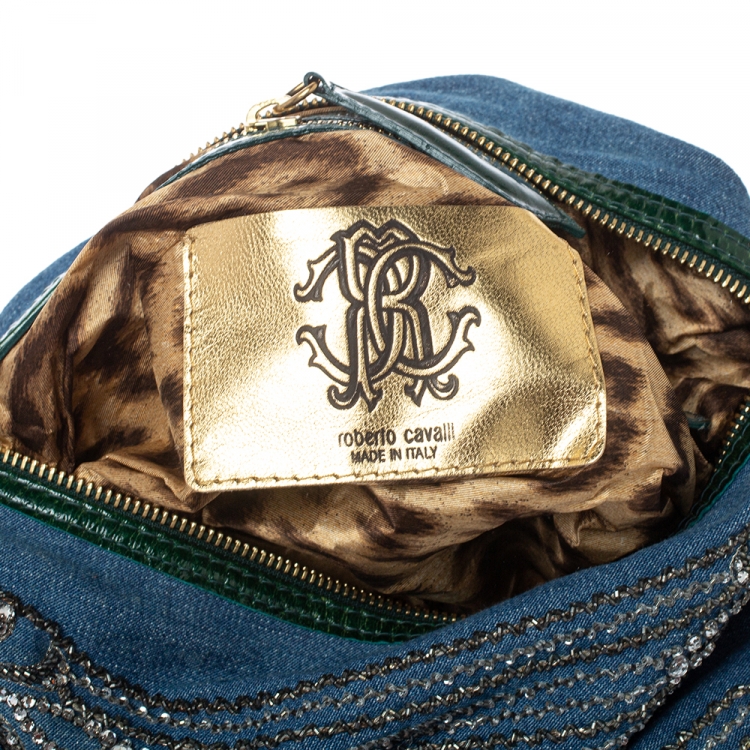 Pre Owned Roberto Cavalli Blue/Green Denim and Patent Leather Embellished Chain Hobo