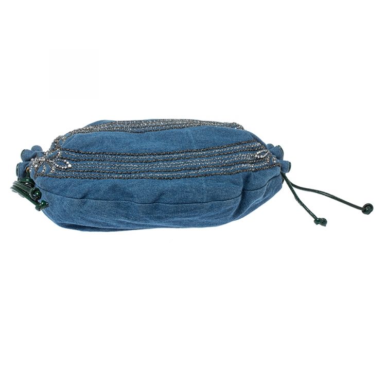 Pre Owned Roberto Cavalli Blue/Green Denim and Patent Leather Embellished Chain Hobo
