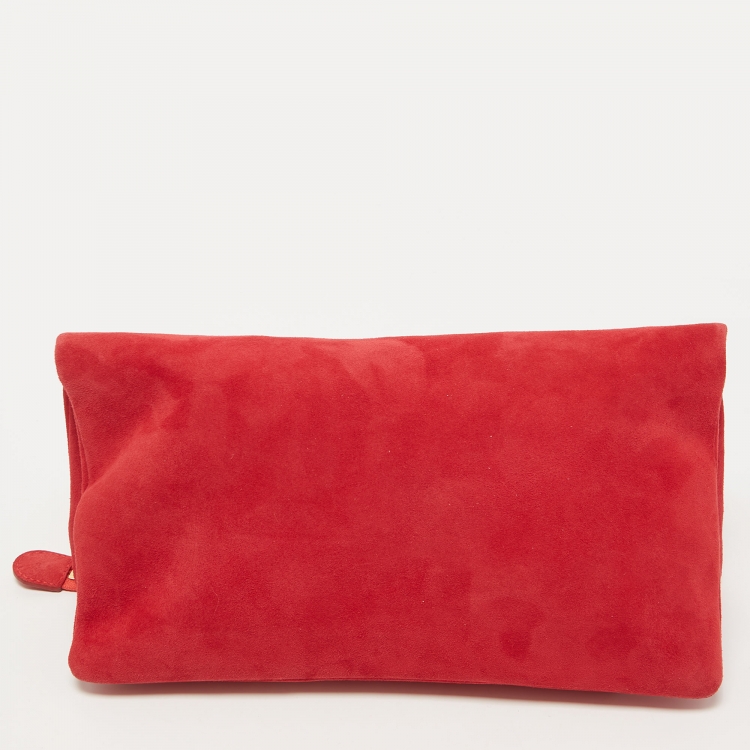 Pre Owned Roberto Cavalli Red Suede Crystal Embellished Metal Flower Foldover Clutch