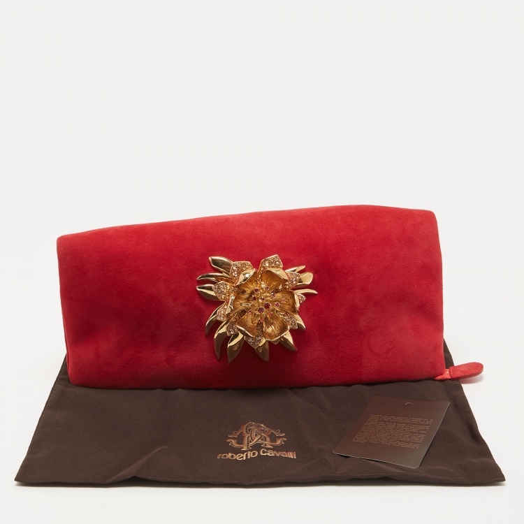 Pre Owned Roberto Cavalli Red Suede Crystal Embellished Metal Flower Foldover Clutch