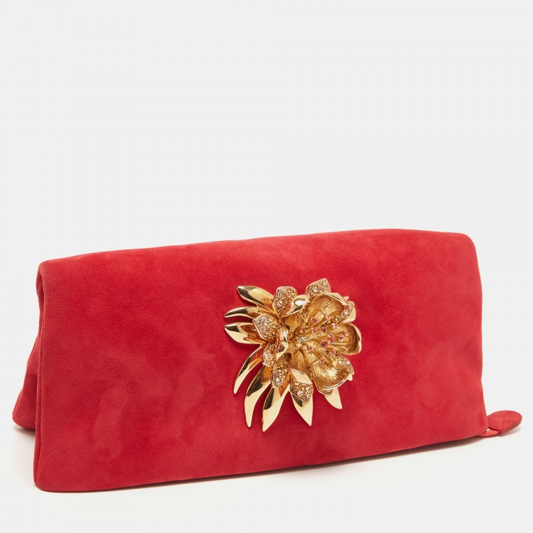 Pre Owned Roberto Cavalli Red Suede Crystal Embellished Metal Flower Foldover Clutch