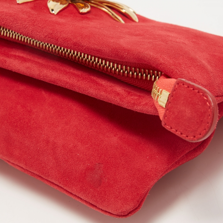 Pre Owned Roberto Cavalli Red Suede Crystal Embellished Metal Flower Foldover Clutch