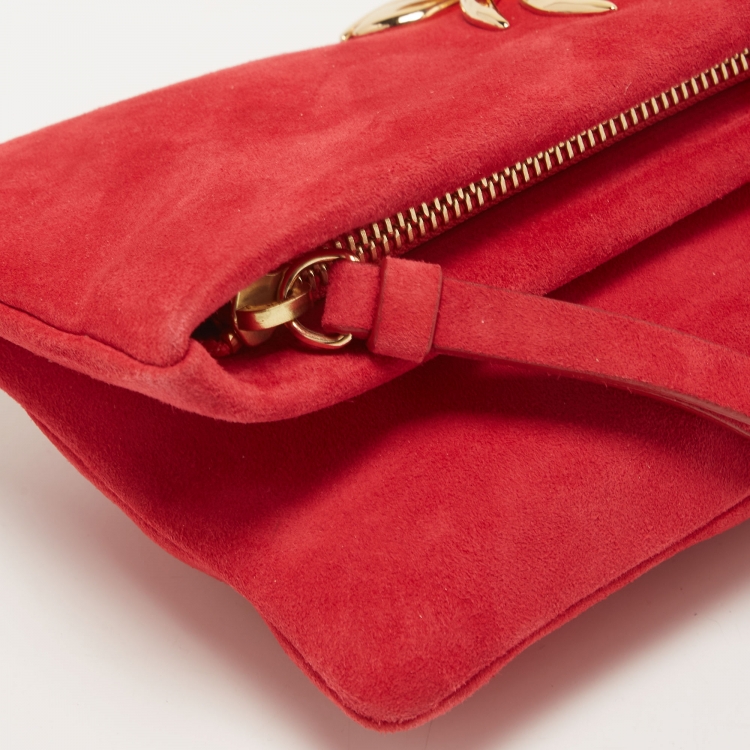 Pre Owned Roberto Cavalli Red Suede Crystal Embellished Metal Flower Foldover Clutch