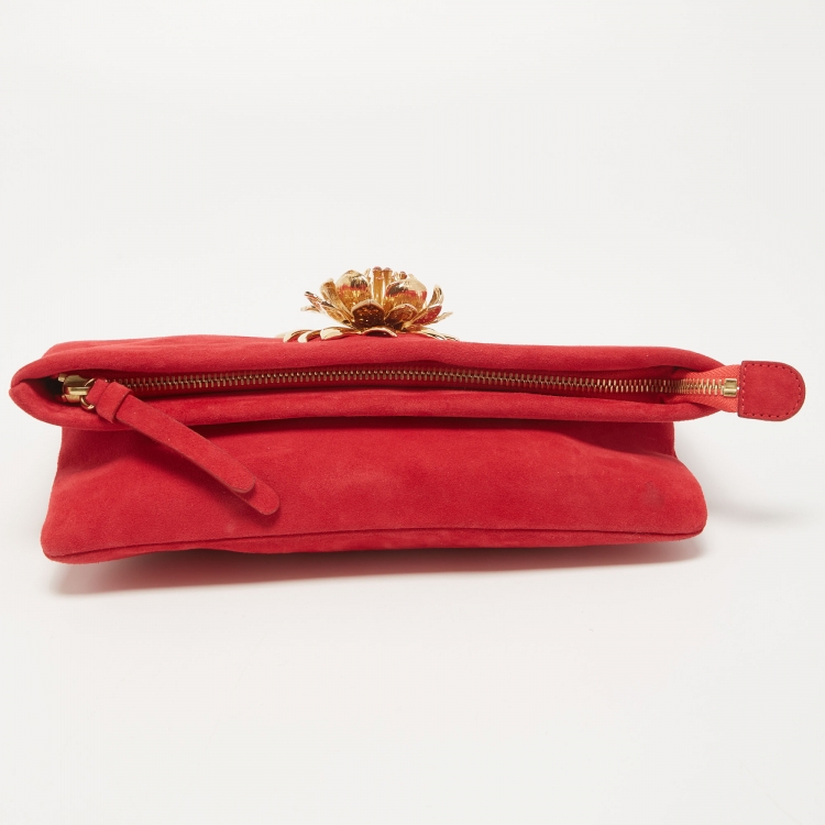 Pre Owned Roberto Cavalli Red Suede Crystal Embellished Metal Flower Foldover Clutch