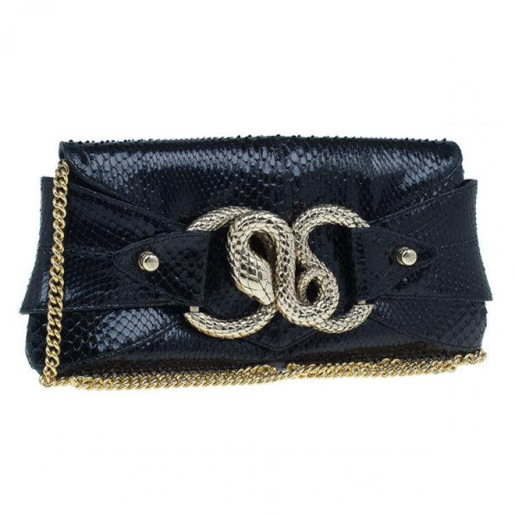 Pre Owned Roberto Cavalli Black Python Embellished Elaphe Clutch