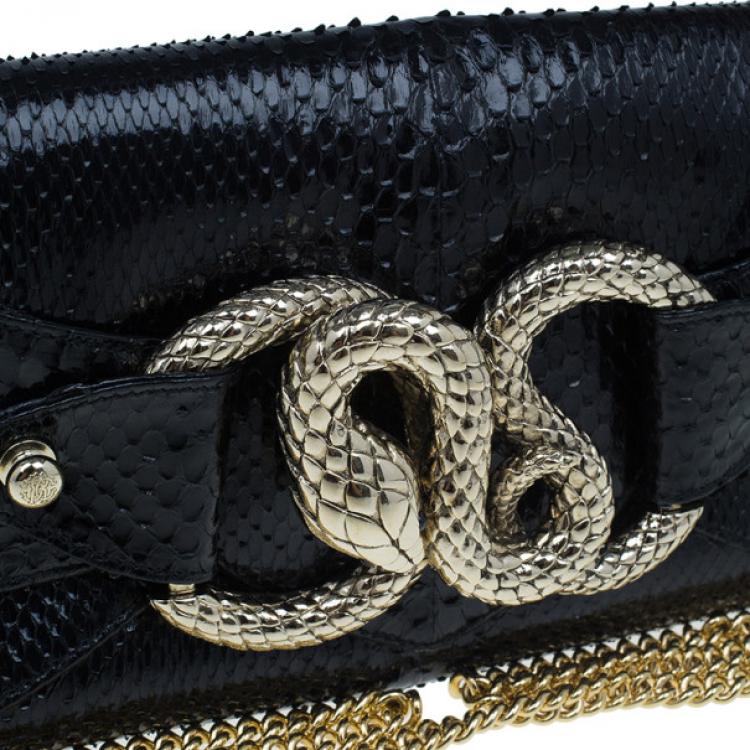 Pre Owned Roberto Cavalli Black Python Embellished Elaphe Clutch