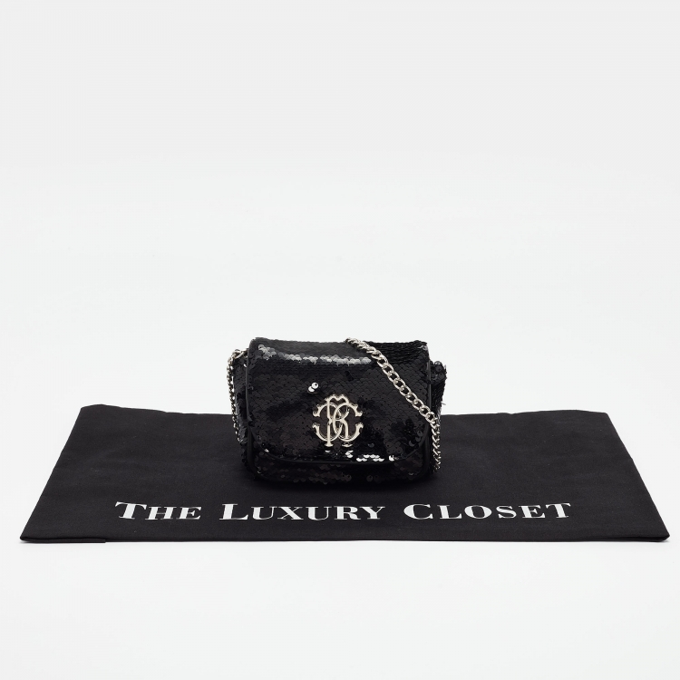 Pre Owned Roberto Cavalli Black Sequins RC Logo Chain Bag