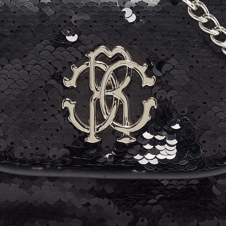 Pre Owned Roberto Cavalli Black Sequins RC Logo Chain Bag