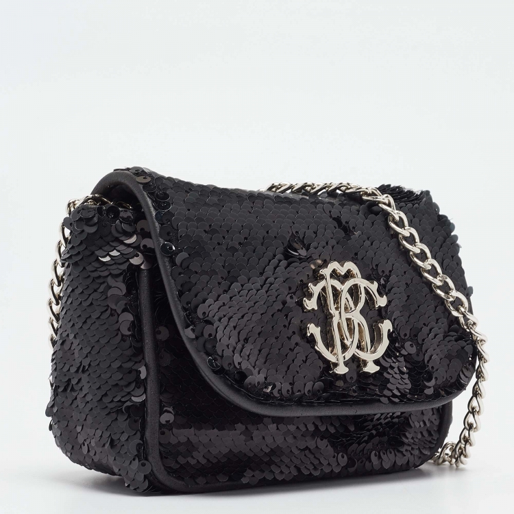 Pre Owned Roberto Cavalli Black Sequins RC Logo Chain Bag