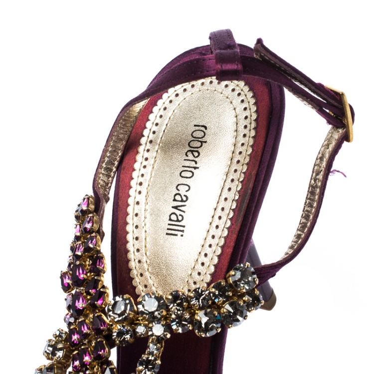 Pre Owned Roberto Cavalli Purple Satin Crystals Embellished T Strap Sandals Size 39