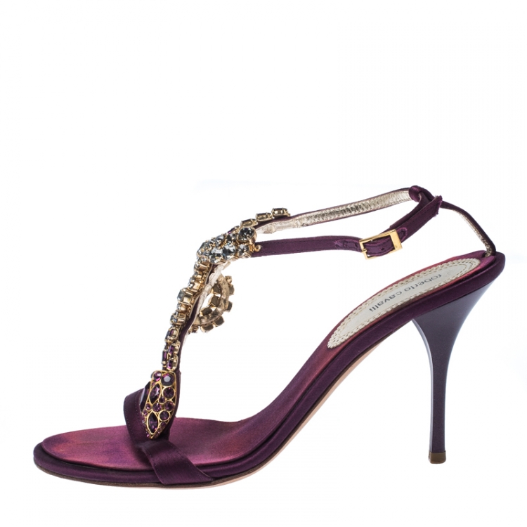 Pre Owned Roberto Cavalli Purple Satin Crystals Embellished T Strap Sandals Size 39