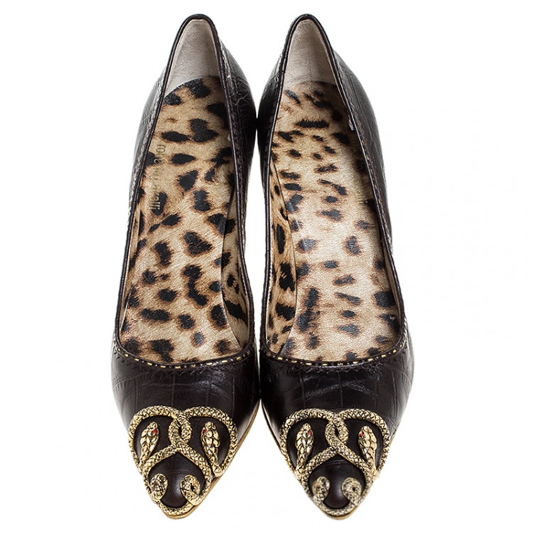 Pre Owned Roberto Cavalli Brown Embossed Leather Snake Embellished Pointed Toe Pumps Size 38