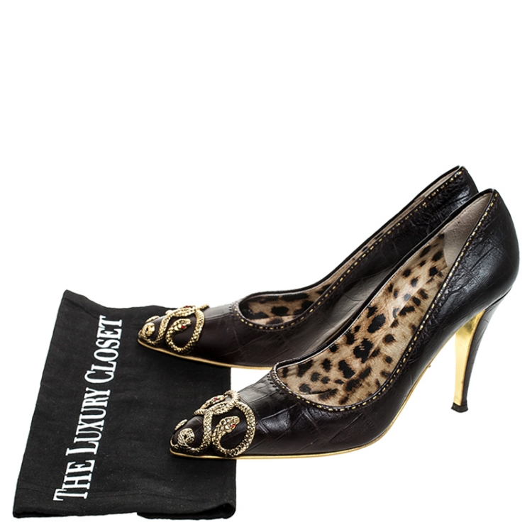 Pre Owned Roberto Cavalli Brown Embossed Leather Snake Embellished Pointed Toe Pumps Size 38