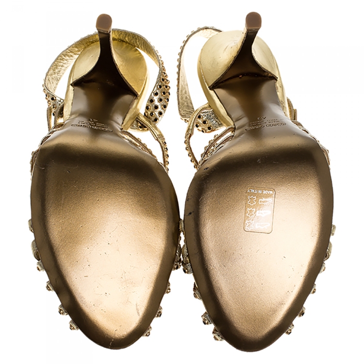 Pre Owned Roberto Cavalli Metallic Gold Leather Studded Strappy Sandals Size 41