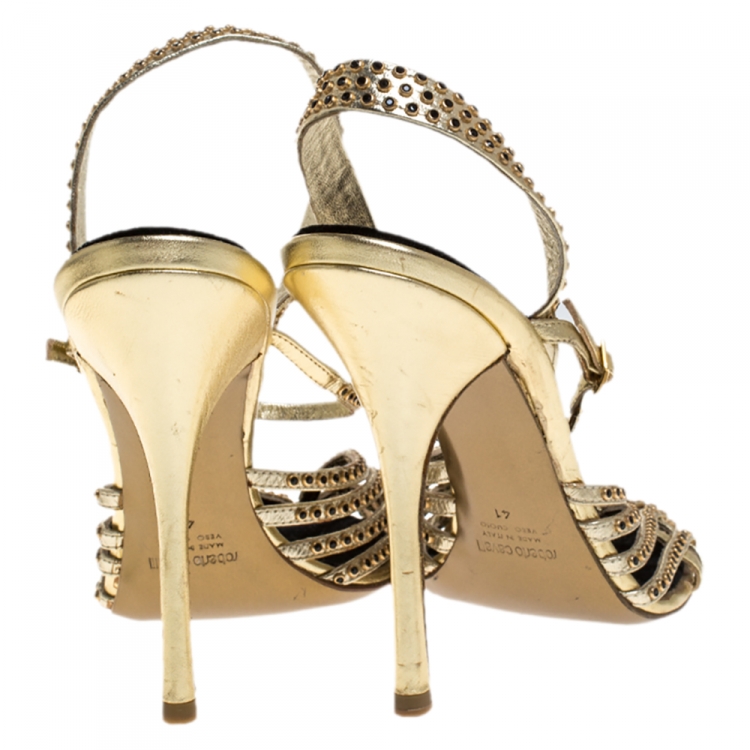 Pre Owned Roberto Cavalli Metallic Gold Leather Studded Strappy Sandals Size 41