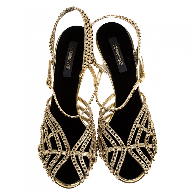 Pre Owned Roberto Cavalli Metallic Gold Leather Studded Strappy Sandals Size 41