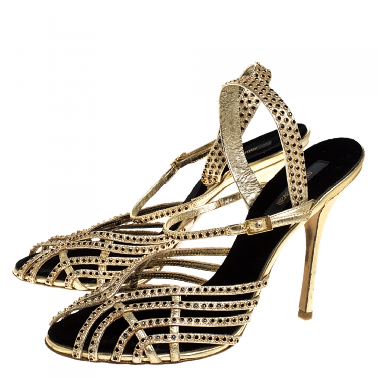Pre Owned Roberto Cavalli Metallic Gold Leather Studded Strappy Sandals Size 41