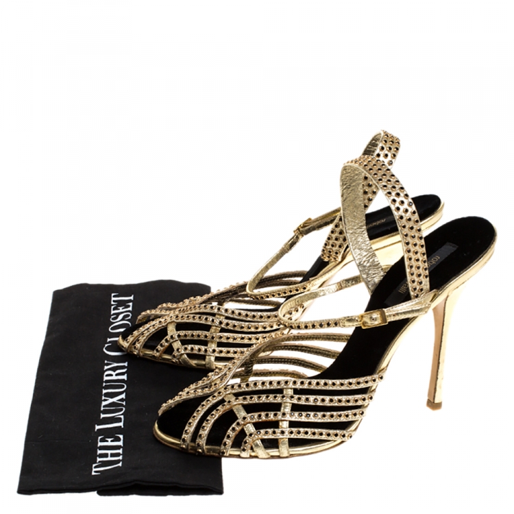 Pre Owned Roberto Cavalli Metallic Gold Leather Studded Strappy Sandals Size 41