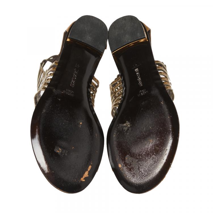 Pre Owned Roberto Cavalli Gold Cut Out Leather Toe Ring Flat Sandals Size 41
