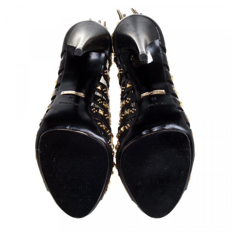 Pre Owned Roberto Cavalli Black Leather Studded Winged Althea Heel Booties 