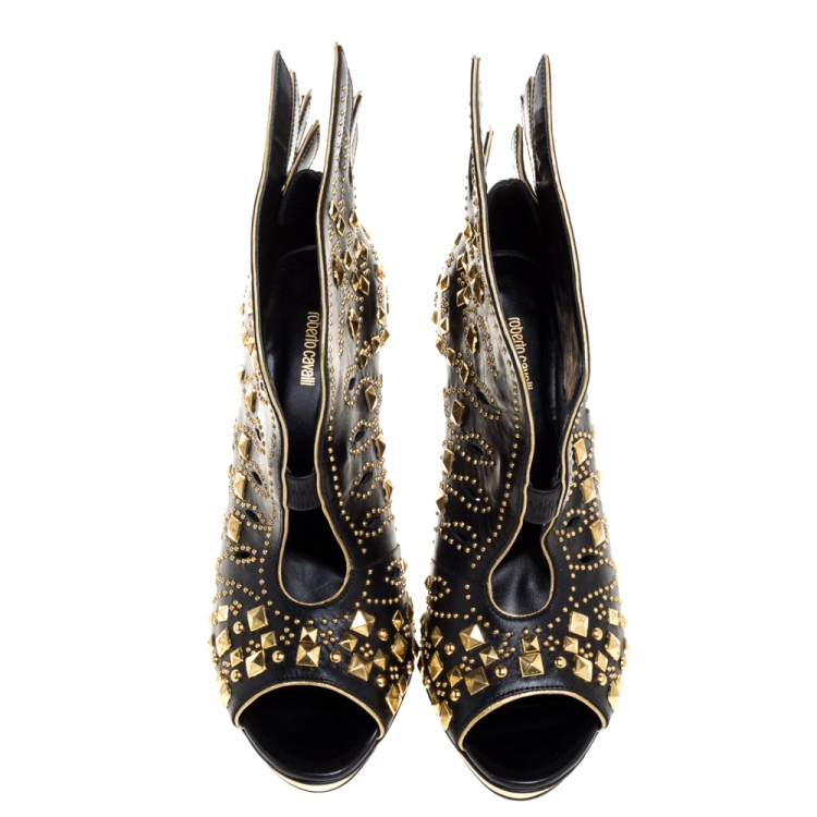 Pre Owned Roberto Cavalli Black Leather Studded Winged Althea Heel Booties 