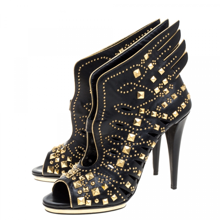 Pre Owned Roberto Cavalli Black Leather Studded Winged Althea Heel Booties 
