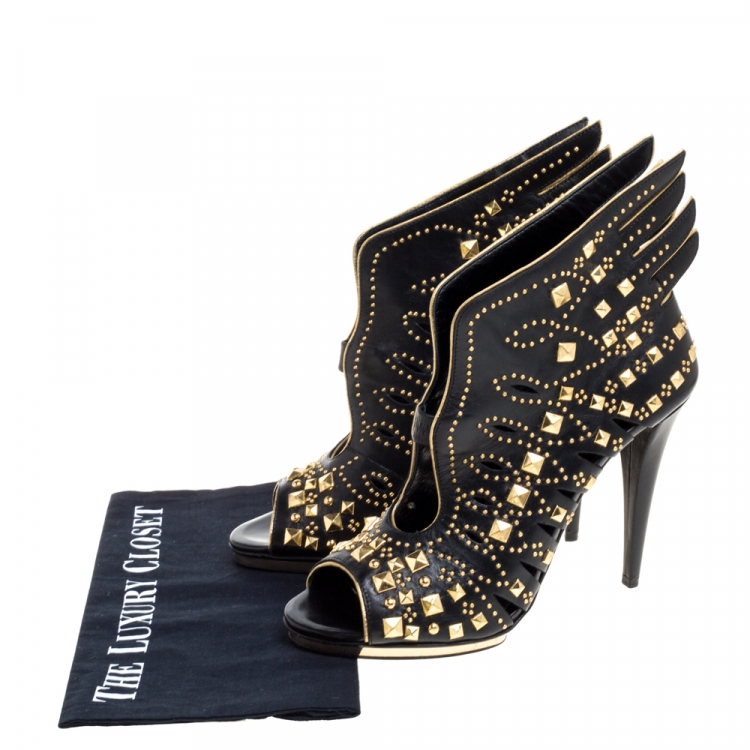 Pre Owned Roberto Cavalli Black Leather Studded Winged Althea Heel Booties 