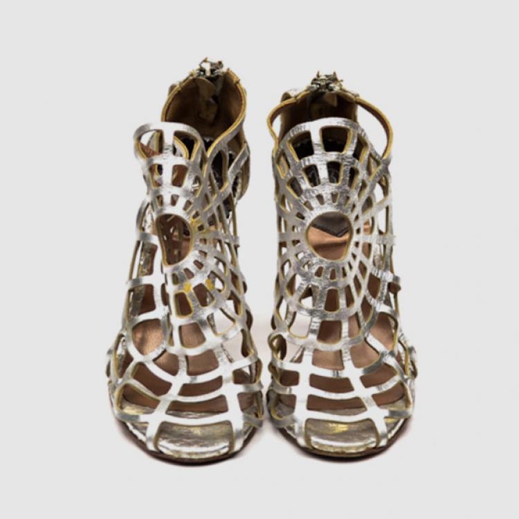 Pre Owned Roberto Cavalli Silver Leather Spider Web Cage Sandals Size 36