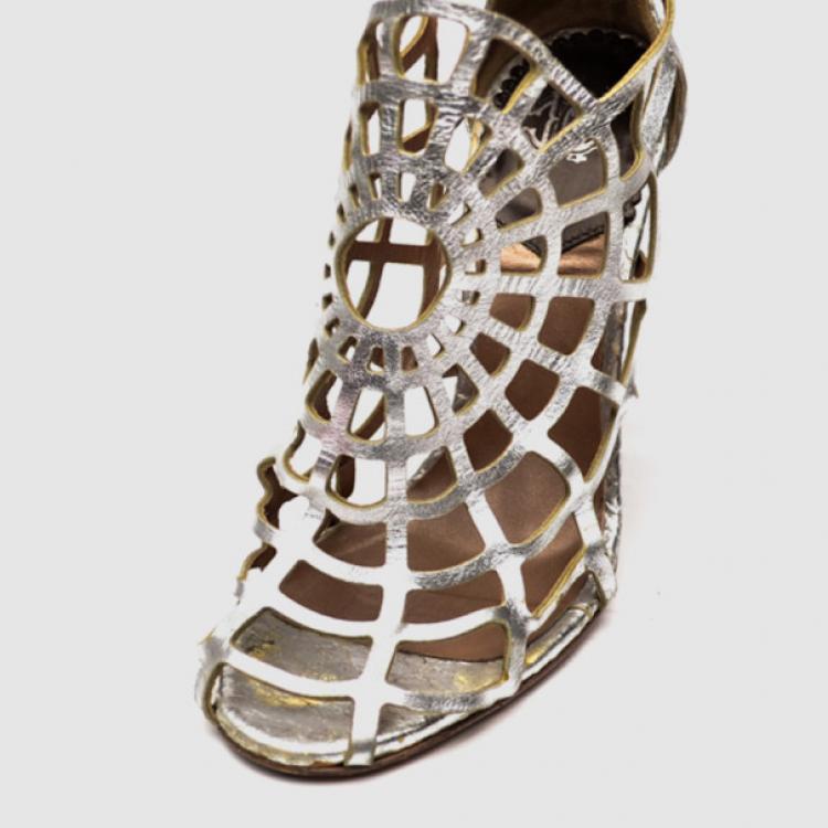 Pre Owned Roberto Cavalli Silver Leather Spider Web Cage Sandals Size 36