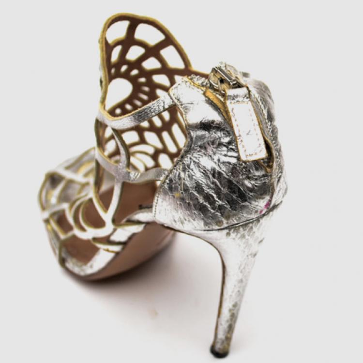 Pre Owned Roberto Cavalli Silver Leather Spider Web Cage Sandals Size 36