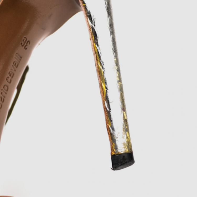 Pre Owned Roberto Cavalli Silver Leather Spider Web Cage Sandals Size 36