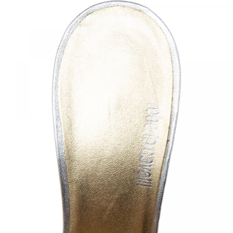 Pre Owned Roberto Cavalli Gold Leather Embellished Brooch Slide Sandals Size 38.5