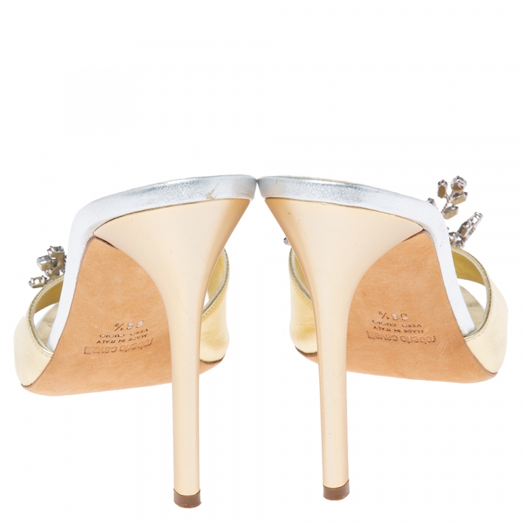 Pre Owned Roberto Cavalli Gold Leather Embellished Brooch Slide Sandals Size 38.5