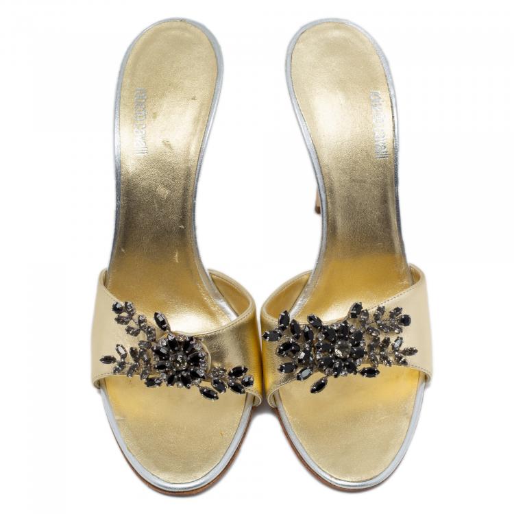 Pre Owned Roberto Cavalli Gold Leather Embellished Brooch Slide Sandals Size 38.5