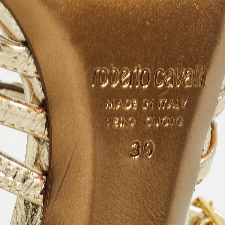 Pre Owned Roberto Cavalli Metallic Gold Leather Ankle Wrap Sandals Size 39