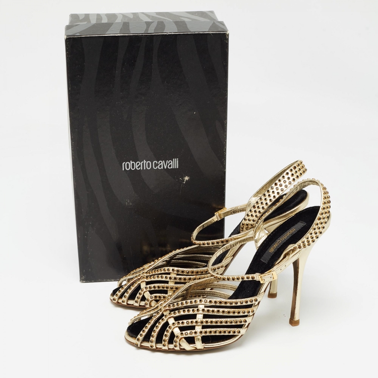 Pre Owned Roberto Cavalli Metallic Gold Leather Ankle Wrap Sandals Size 39