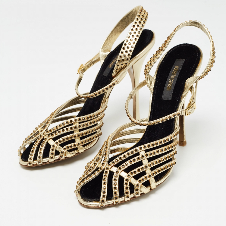 Pre Owned Roberto Cavalli Metallic Gold Leather Ankle Wrap Sandals Size 39