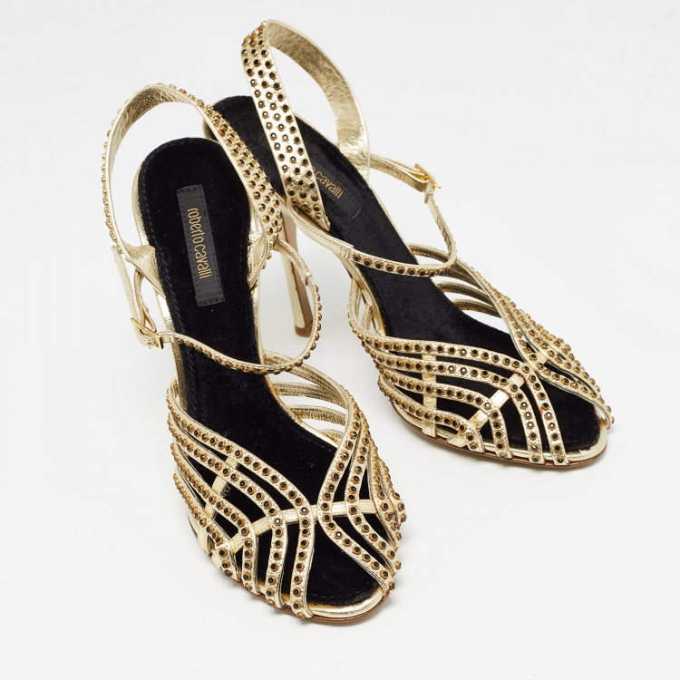 Pre Owned Roberto Cavalli Metallic Gold Leather Ankle Wrap Sandals Size 39