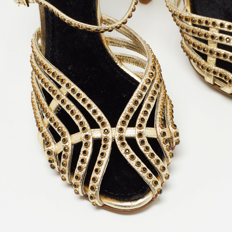 Pre Owned Roberto Cavalli Metallic Gold Leather Ankle Wrap Sandals Size 39